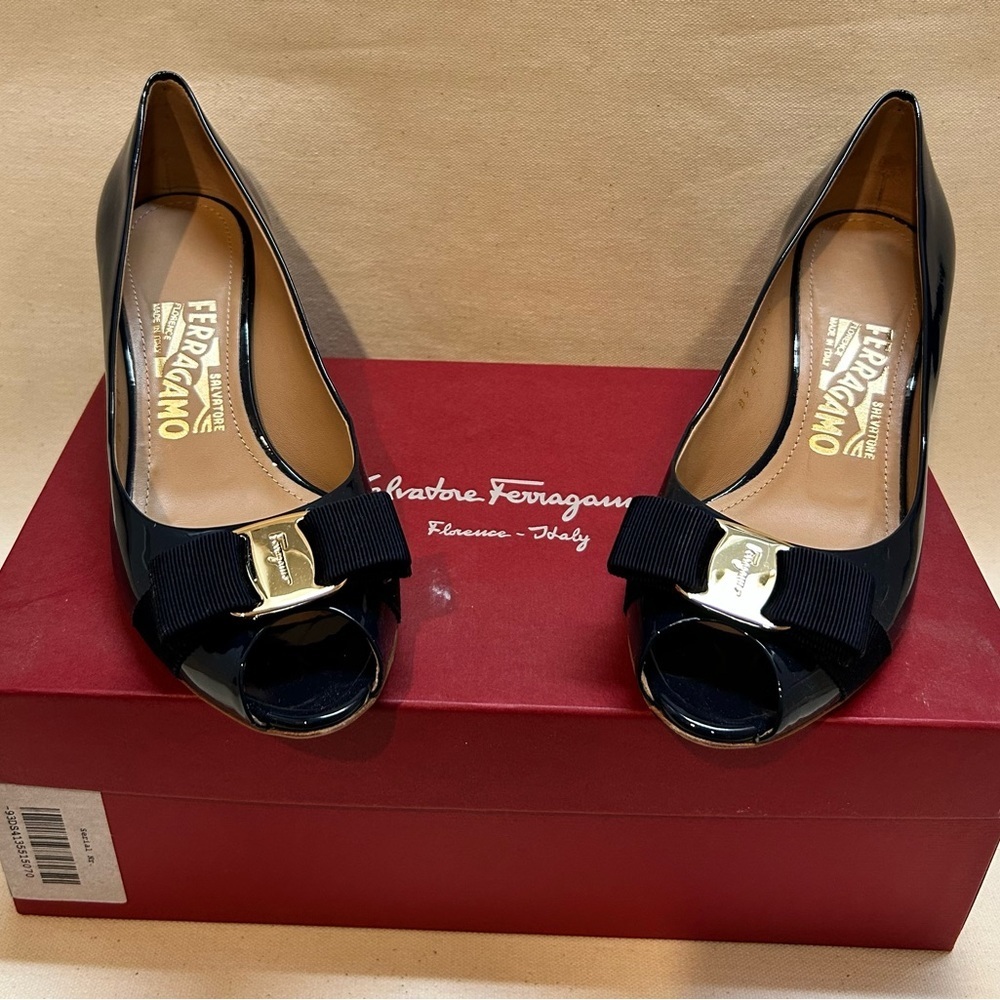 Salvatore Ferragamo Dark Blue Patent Wedges - Picture 2 of 6